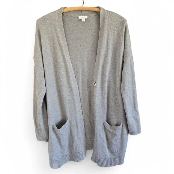 J.Jill Pure Jill Womens Medium Petite Gray One Button Cardigan Sweater Pockets - Picture 2 of 9